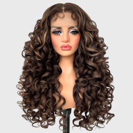 SOKU Long Curly Lace Front Wig for Black Women Highlight 13x4x1 Synthetic Lace Front Wigs Glueless Pre-Plucked Hairline with Baby Hair 22 Inch Heat Resistant (Highlight Brown)