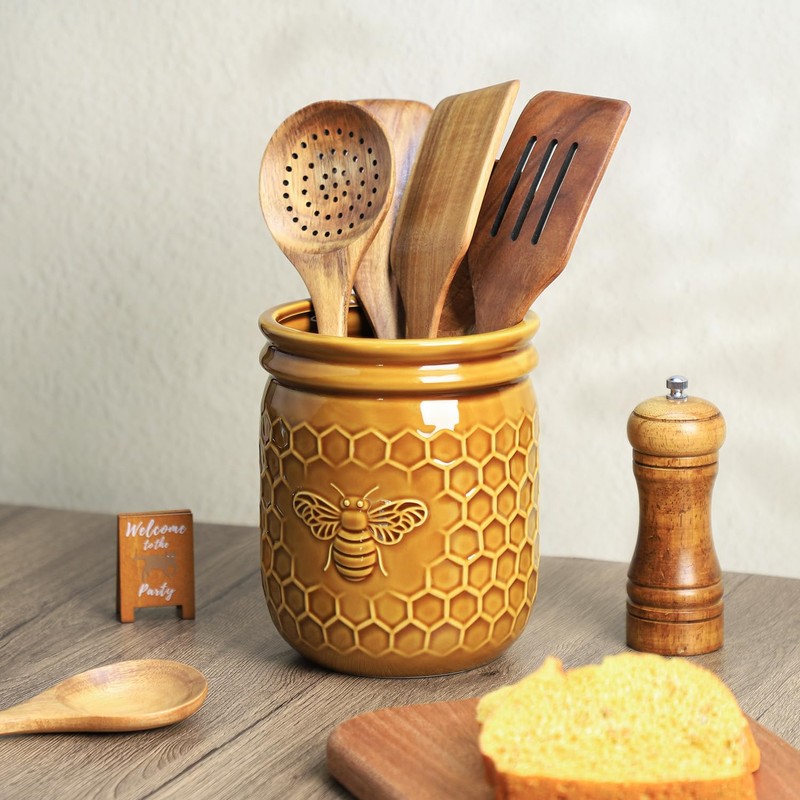 Bicuzat Retro Honeycomb and Bee Embossed Ceramic Kitchen Utensil Holder,
