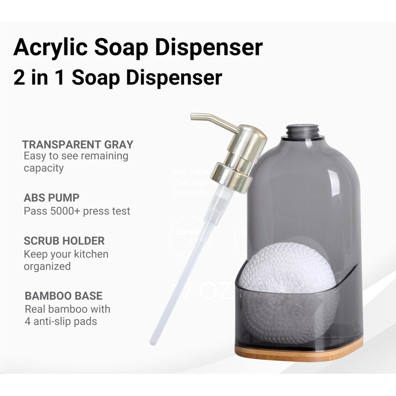 Clasin Home Kitchen Soap Dispenser with Sponge Holder, Refillable Acrylic