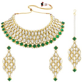 Aheli Ethnic Fashion Green Gold Plated Crystal Style Choker Necklace Earring & Maangtikka Jewelry Set Gift for Women