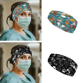 Gomyblomy 2 Pack Nurse Headbands with Buttons Wide Elastic Nursing Hair Band 2 Pack Non Slip Face Covering Ear Protection Holder for Nurse Doctors Headwraps, Rooster Chicken and Paw Print
