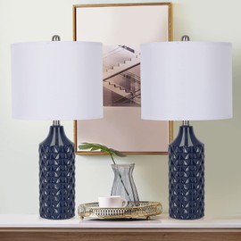 Qingmiao Modern Ceramic Table Lamp, Set of 2 - Navy Blue with Diamond Protrusions Texture, 25'' Nightstand Lamp for Bedroom Living Room, 3-Way Dimmable Included