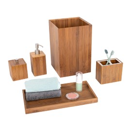 Seville Classics Seville Classics Bamboo Eco-Conscious Bathroom Vanity Organizer Set Kitchen Home Over The Sink Trash Bin, Soap, Cotton Ball Holder, Towel Tray, 5 Piece, Bamboo