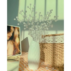 SWEXURY 16 Stems Acrylic Crystal Flower Branches Handmade Artifial Bead Flowers Picks Fake Silver Berry Bouquet DIY Crafts Floral Arrangement for Wedding Home Office Table Top Decor (16PCS, A)