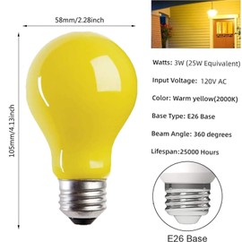 Minsily LED Yellow Bug Light Bulbs 3W (25W Equivalent) A19 Yellow Light Bulb LED Bug Bulb E26 Base Edison Decorative Bulb 2000K Amber Night Light Bulb for Outside Porch Patio Backyard Hallway,6 Pack