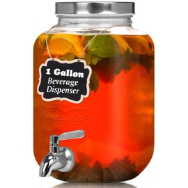 Moretoes 1 Gallon Glass Drinks Dispenser for Parties, Beverage Dispenser for Juice and Iced Tea, Airtight Sun Tea Glass Gar for Outside, Party Essential Beverage Pitcher with Spout