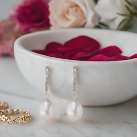 Finatso Sterling Silver Hoop Drop Cultured Pearl Earrings (Platinum)