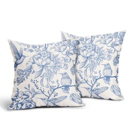 Chinoiserie Blue White Floral Pillow Covers 18X18 Inch French Country Vintage Flowers Bird Decorative Pillow Cases Set of 2 Seasonal Cotton Linen Throw Pillows Farmhouse Home Decor For Sofa Couch