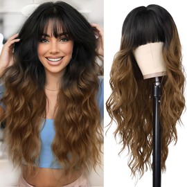 Wallden Hair Black to Brown Wig with Bangs Long Ombre Brown Curly Wavy Wigs Natural Looking Heat Resistant Synthetic Bangs Wig for Daily Party Use (Black to Brown,26 Inches)
