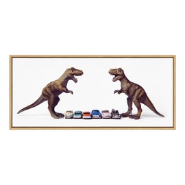 Kate and Laurel Sylvie Dino Cars Faceoff Framed Canvas Wall Art by Saint and Sailor Studios, 18x40 Natural, Modern Colorful Car Toys Art for Wall
