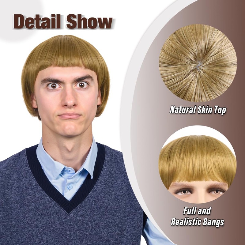 ColorGround Short Straight 60 70s Bowl Cut Funny Wig for