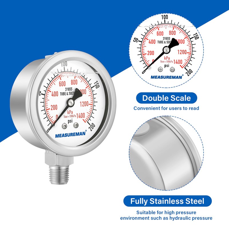 MEASUREMAN Fully Stainless Steel Hydraulic Glycerin Filled Pressure Gauge, 2-1/2"