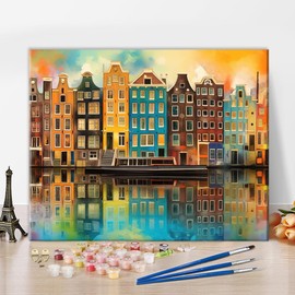 TISHIRON Landscape Paint by Numbers Kit for Adults Amsterdam Canal Houses in Rainbow Colors Paint by Number with Brushes and Pigment, DIY Oil Painting Art Crafts, 16x20 Inch
