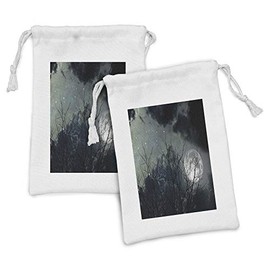Lunarable Night Sky Fabric Pouch Set of 2, Nocturnal Dried Branches Tree in Desert Full Moon Spot Stars Foggy Image, Small Drawstring Bag for Toiletries Masks and Favors, 9" x 6", Black and White