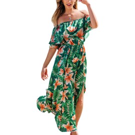 CUPSHE Women's Ruffle Beach Dress Off Shoulder Short Sleeve Flounce Bodice A Line Maxi Summer Dresses, Green & Orange Tropical M