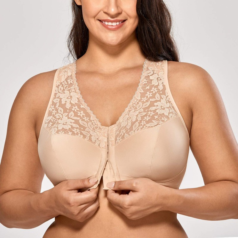 DELIMIRA Women's Front Fastening Bras Lace Wireless Plus Size Full