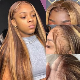 NREDCA 20 Inch 13x4 Honey Blonde Straight Lace Front Wigs Human Hair Highlight Ombre 200% Density Pre Plucked Pre Cut Transparent Frontal Human Hair Wigs for Black Women 4/27