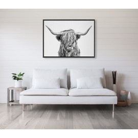 Kate and Laurel Sylvie Highland Cow 2 Framed Canvas Wall Art by Simon Te of Tai Prints, 28 x 38, Gray, Oversized Farmhouse Animal Art
