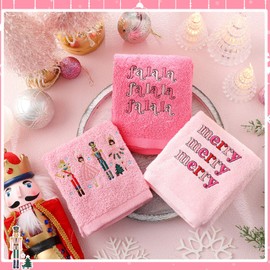 Hillsuren 3 Pcs Christmas Hand Towels Pink Christmas Nutcracker Embroidered Decorative Bathroom Towels for Bathroom Kitchen Decor Winter Set, 100% Cotton, 13.3 x 29.5''