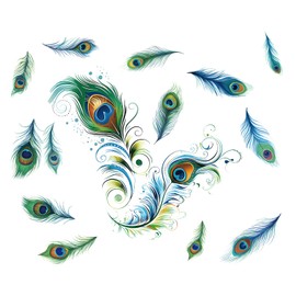 PLIGREAT Peacock Feathers Wall Stickers, Removable Vinyl Peel and Stick Wall Decals Green Tail Feathers Wall Decors for Living Room Bedroom Office Home Indoor DIY TV Background Wall Decoration