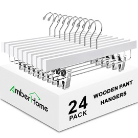 Amber Home 24 Pack White Wooden Pants Hangers with 2-Adjustable Clips for Jeans, Slacks, Shorts