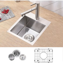 VCCUCINE Bar Sink Drop in,13x15 Inch Topmount RV Small Kitchen Wet Bar Prep Sink,Handmade Stainless Steel,Outdoor Single Bowl,Brushed Nickel with Accessories