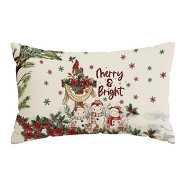 ZAEW Christmas Pillow Covers Merry & Bright Cross Snowmans Poinsettias Lumbar Pillow Cases Xmas Winter Decorations for Farmhouse Home Bedroom Sofa Couch Outdoor Holiday Decor 12x20 Inch