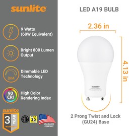 Sunlite A19 GU24 Dimmable Light Bulb, 9 Watts (60WEquivalent) 800 Lumens, 2 Prong LED Twist and Lock Base, 90 CRI, ETL Rated for Enclosed Fixtures, 5000K Daylight, 1 Pack