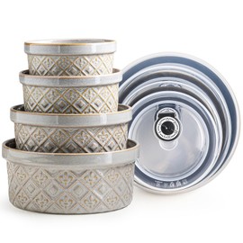 MISSYSSIM Ceramic Mixing Bowls with Lids Set of 4, Embossed Nesting Storage Bowls for Cooking, Serving, Salad, Popcorn etc, Microwave and Dishwasher Safe, Baking Dishes 12/16/28/40 oz (Gray)