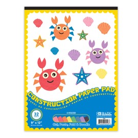 BAZIC Products Construction Paper Pad 32 Sheet 9" X 12", Assorted Colors, for Fold Cut Glue, Gift for Classrooms School Home DIY, 1-Pack