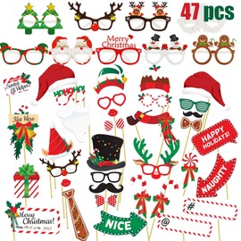 47PCS Christmas Photo Booth Props Set Party Glasses, Christmas Party Supplies Christmas Pose Sign Kit for Adults Kids Party Decorations, Christmas Eyeglasses Xmas Props for Photoshoot for Selfie