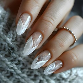 CJDLTS Mermaid Tail French Tip Press on Nails Medium Almond False Nails Glitter Powder Design Acrylic Nails Full Cover Artificial Nails Acrylic Stick on Nails Glossy Glue on Nails for Women 24Pcs