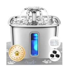 Veken Innovation Award Winner Stainless Steel Cat Water Fountain, 108oz/3.2L Automatic Pet Fountain Dog Water Dispenser with 3 Replacement Filters & Silicone Mat, Gifts for Cats, Dogs (Silver)