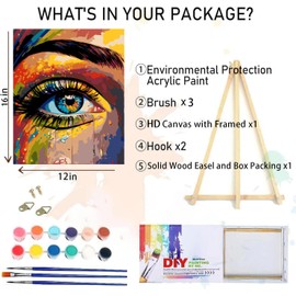Eyes Paint by Numbers for Adults with Framed Canvas-with Wooden Easel,Colorful Paint by Number on Canvas,DIY Acrylic Oil Painting Kits with Brushes Nice Gift Box for Home Wall Decor(12x16 Inch)
