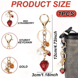 lasuroa Strawberry Keychain, Zinc Alloy Strawberry Bag Charm with Pearl Cute Keyring Fruit Key Chain Kawaii Key Ring for Purse Handbag Backpack Decor
