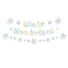 Holographic Winter Wonderland Banner, Iridescent Snowflake Garland Banner for Christmas Decoration