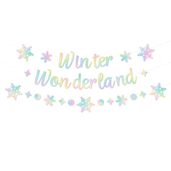 Holographic Winter Wonderland Banner, Iridescent Snowflake Garland Banner for Christmas