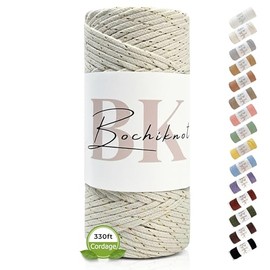 BOCHIKNOT Braided Macrame Cord 4mm x 109yds - Braided Rope for Macrame Wall Hanging Plant Hanger - 4mm Braided Macrame Cord - Cotton Macrame Cord for Crafts - 4mm Macrame Cord Braided (Natural & Gold)