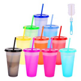 WOPPLXY 10 PCS Colour Changing Cups Tumblers with Lids & Straws, 24oz Cold Drinking Reusable Colorful Plastic Cup, Cold Water Ice Coffee Juice Drinking Cup for Party, Travel