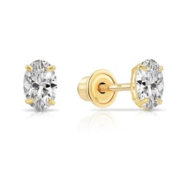 14k Yellow Gold Oval Cubic Zirconia Stud Earrings, Secure Screw-backs Closure (YG 5MMX3MM)