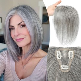 Hair Toppers for Women Gray Color Clip in Bangs Real Human Hair Natural Looking Topper for Thinning Hair Solve Slightly Loss Problem