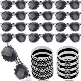 32 Pcs Race Car Sunglasses Wristbands Racing Theme Party Favors Set Include 16 Black and White Checkered Sunglasses 16 Rubber Bracelets for Summer Pool Race Car Birthday Gifts Supplies