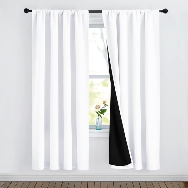 NICETOWN 100% Blackout Window Curtain Panels, Rod Pocket Full Light Blocking Drapes with Black Liner for Nursery, 72 inches Drop Thermal Insulated Draperies (White, 2 Pieces, 52 inches Wide Per Panel)