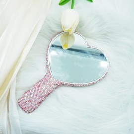Frinnovan Large Rhinestone Handheld Mirror Heart Bling Sparkle Cosmetic Dazzling Portable Hand Mirrors with Handle for Women Wedding Party (Pink)