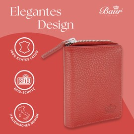 Baur Women's Genuine Leather Wallet with RFID Protection, Small Wallet, Many Card Slots, Wallet with Press Stud Closure and Zip Compartment, red, Classic