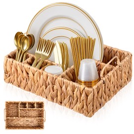 LemonRoad Wicker Utensil Holder for Party Silverware Caddy 6 Compartments with Handles Water Hyacinth Versatile Boho Divided Flatware Storage Basket Organizer for Kitchen Countertop Picnic