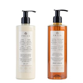 Prija Hand & Körpercreme + Hair & Body vitalisierend mit Ginseng 2x 380ml Soap Wellness Spa Duschgel Haarshampoo Bodylotion Feuchtigkeitslotion Vitamin E und Sheabutter (1)