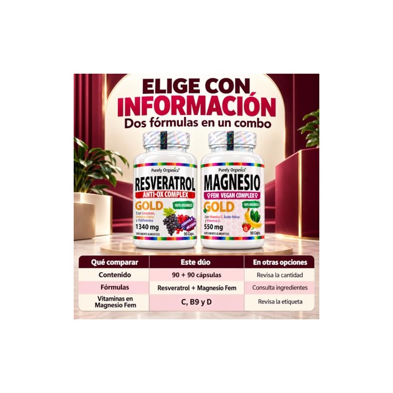 Purely Organics Resveratrol Gold + Magnesio Fem, 90 Cápsulas c/u