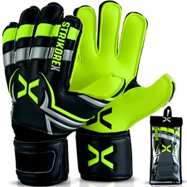 StrikoreX Goalie Gloves for Kids & Youth with 4mm Latex Palm, Strong Grip Adults & Boys Soccer Football Gloves with Fingers Save (Fluo Yellow, 10)
