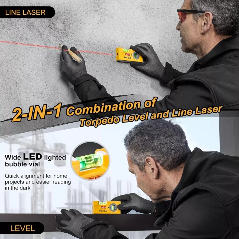 PREXISO 2-in-1 Line Laser Level -Mini Torpedo Level w/Light 3-3/4